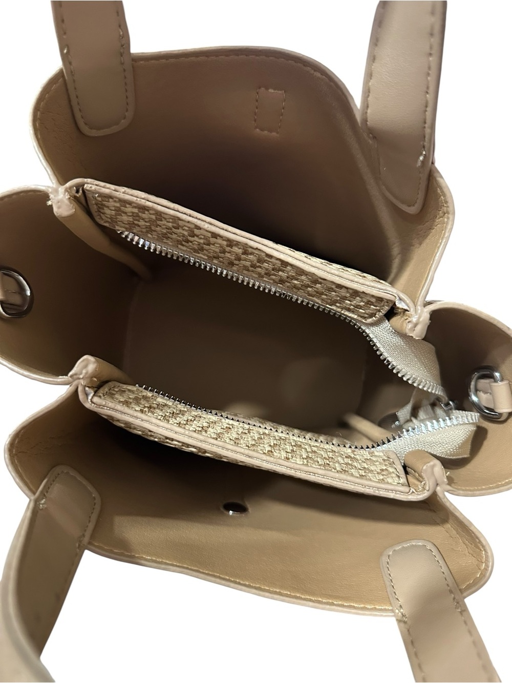 Beige Woven Tote Bag with Leather Trim - Picture 4 of 5